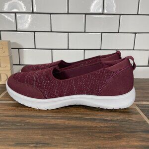 Clarks Adella Blush Shoes Womens Size 8.5 Wide Burgundy Sparkle Comfort Slip Ons